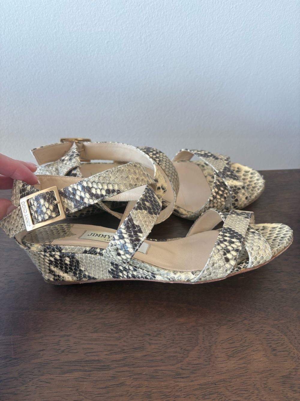 Vintage Jimmy Choo Lucia Python Wedge Sandals Cream Brown 35.5 / 5.5